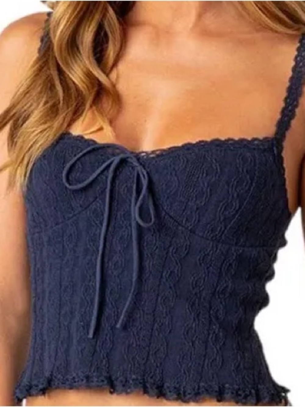 Edikted Navy Blue Knit Lace-Trim Crop Top